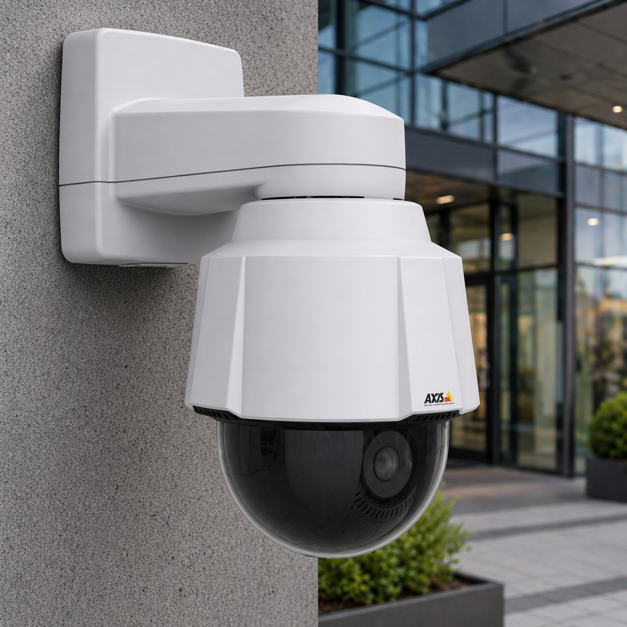 CCTV systems Ottawa — commercial PTZ security camera installed on exterior wall of modern office building
