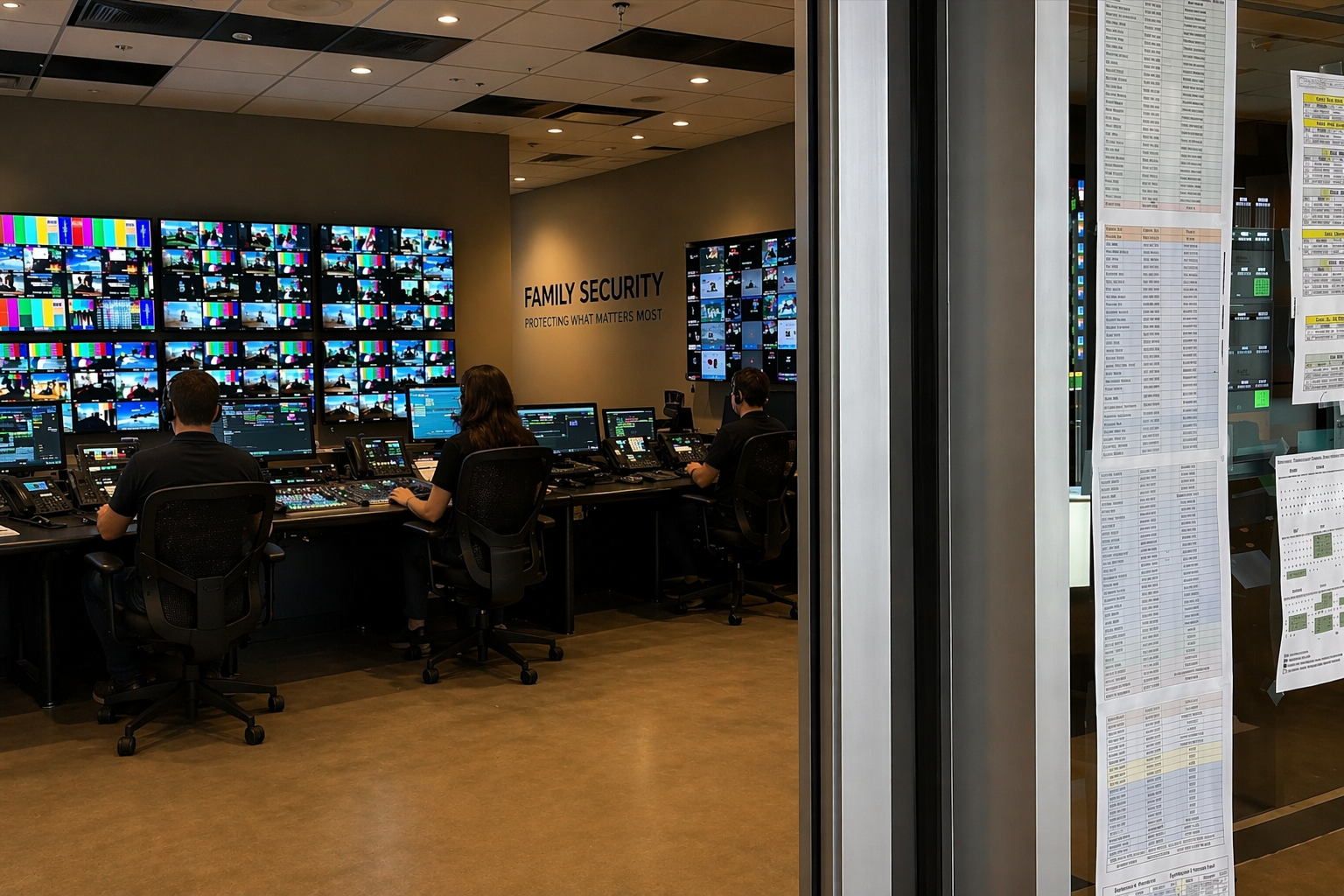Commercial security services Ottawa — monitoring room with technicians operating multiple surveillance screens and control systems