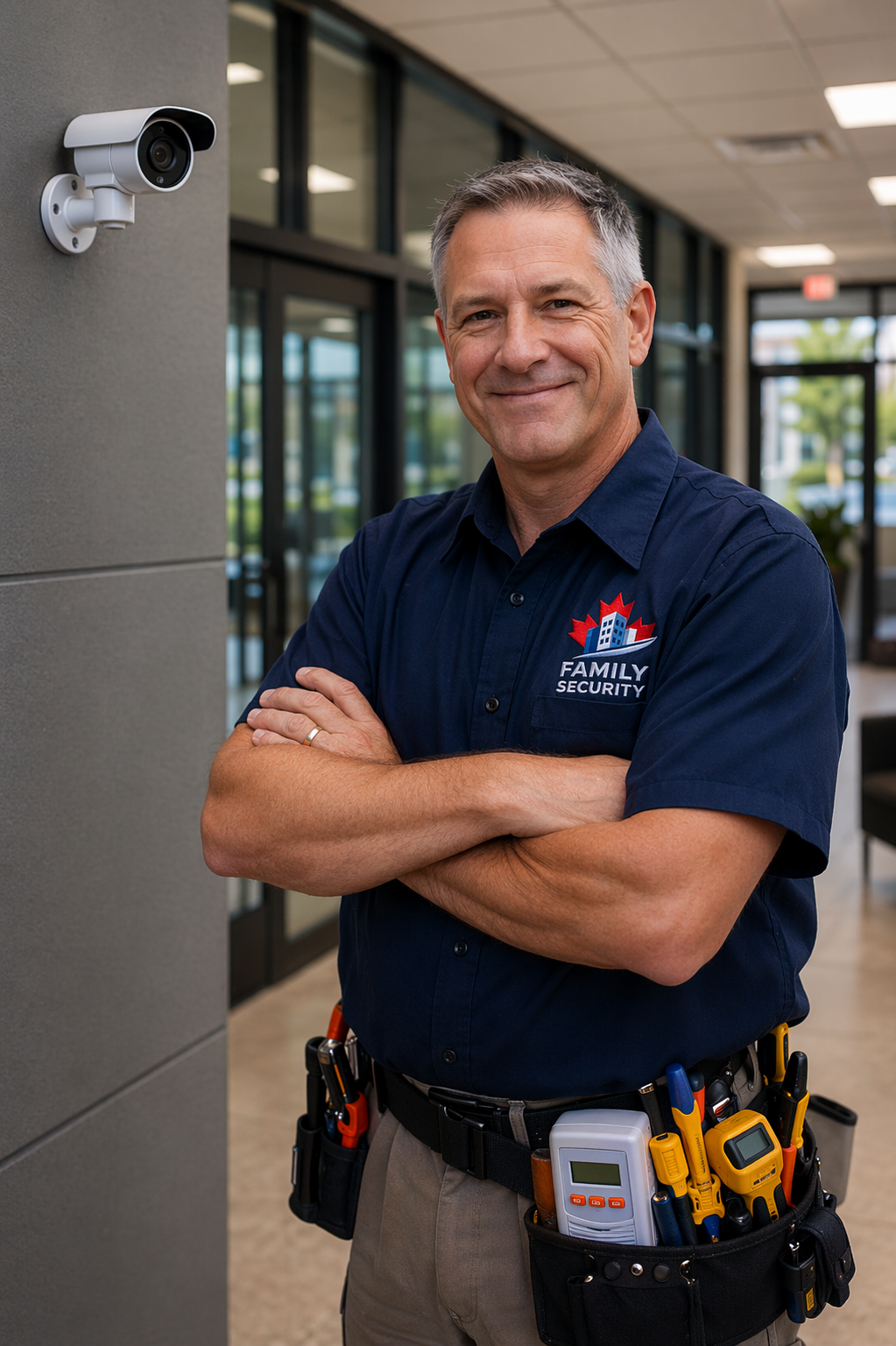Family Security certified technician beside installed CCTV camera in Ottawa commercial office building