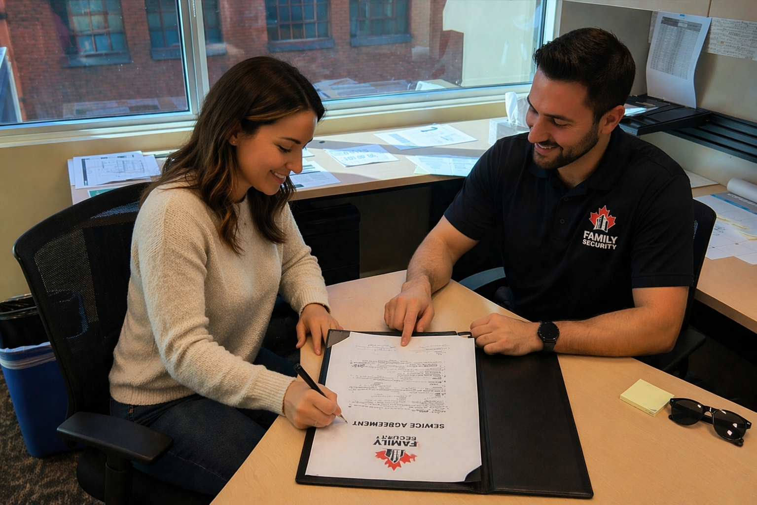 Customer signing security service agreement with Family Security Ottawa representative