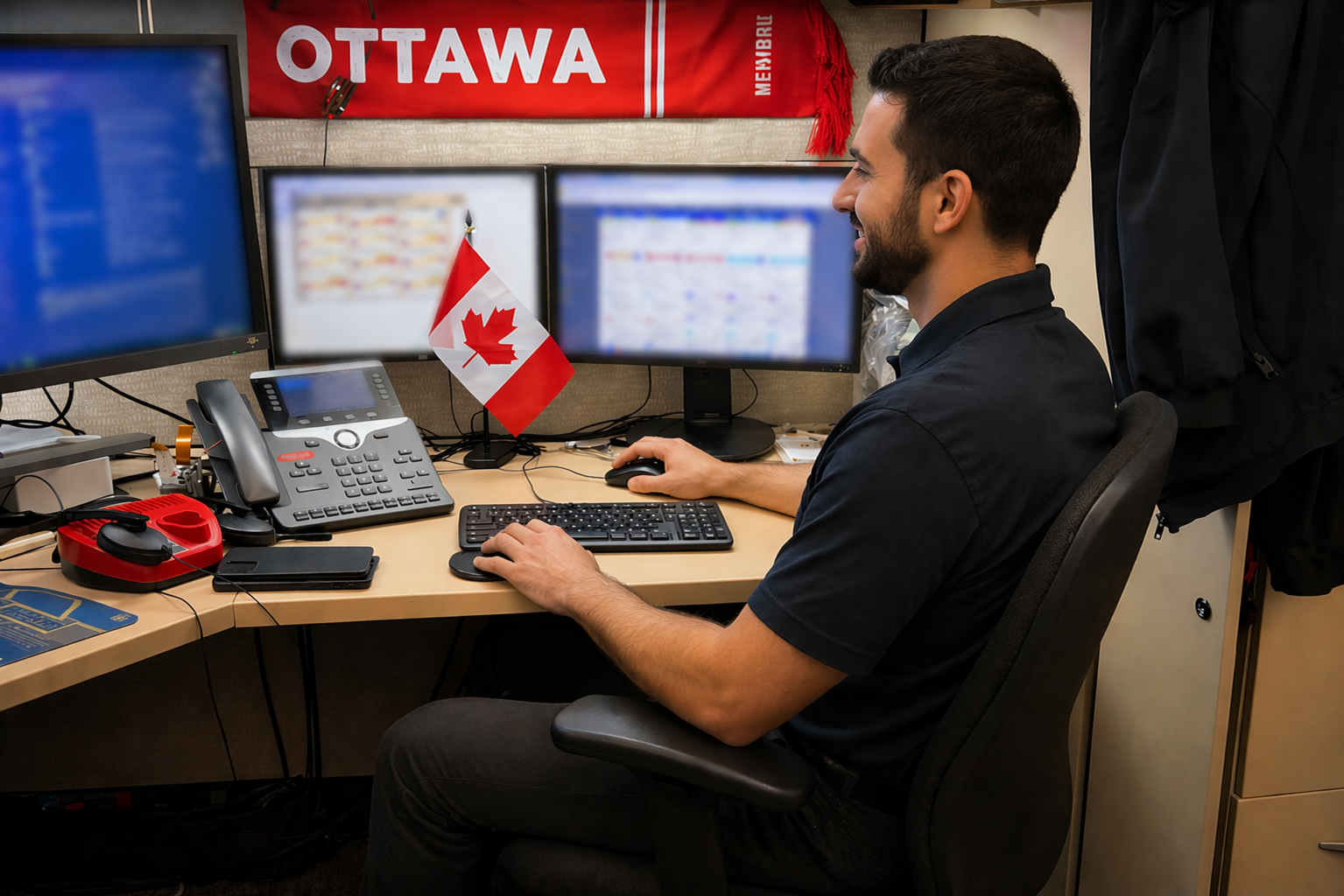 CCTV systems Ottawa — security operator monitoring systems at workstation with multiple screens in Ottawa office