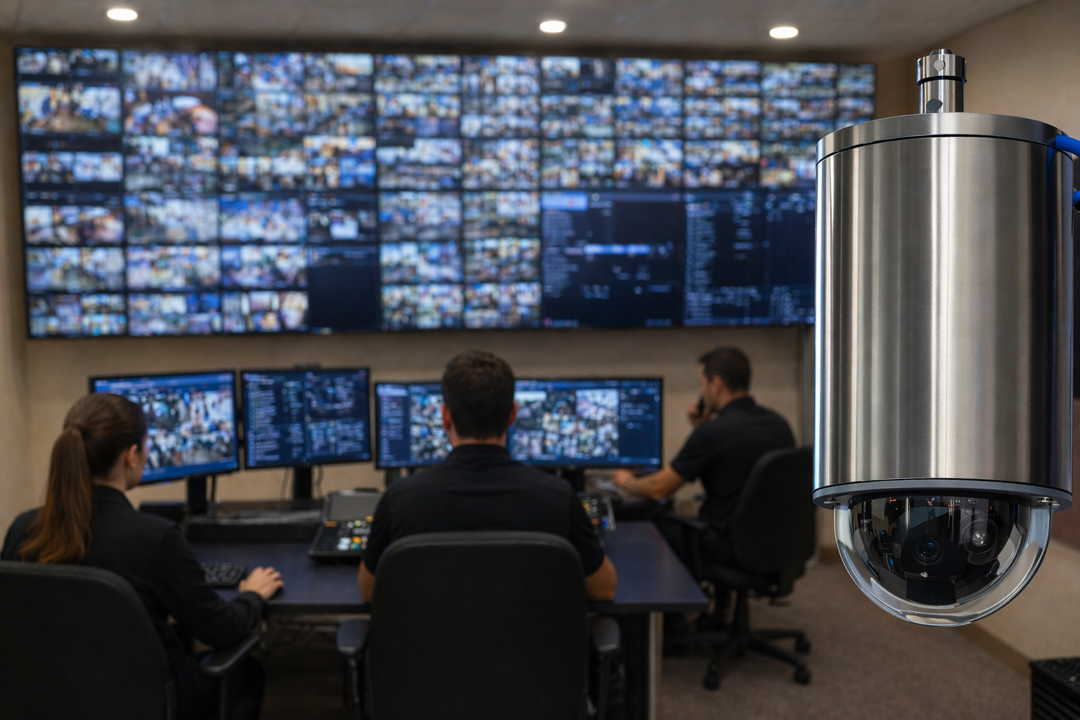 CCTV systems Ottawa — security operators monitoring CCTV system with multiple screens in commercial surveillance control room