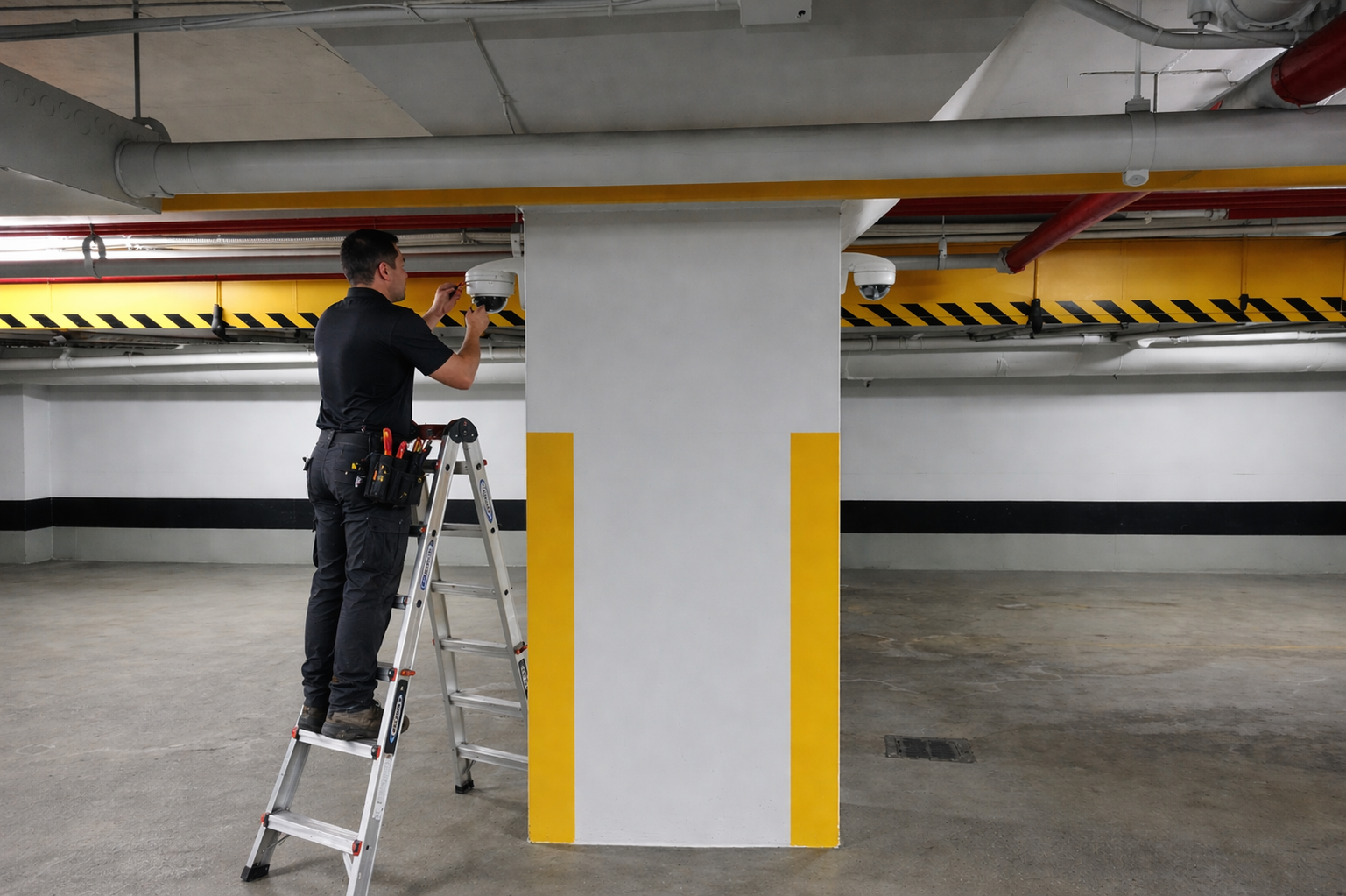 CCTV systems Ottawa — technician installing CCTV camera in underground commercial parking garage