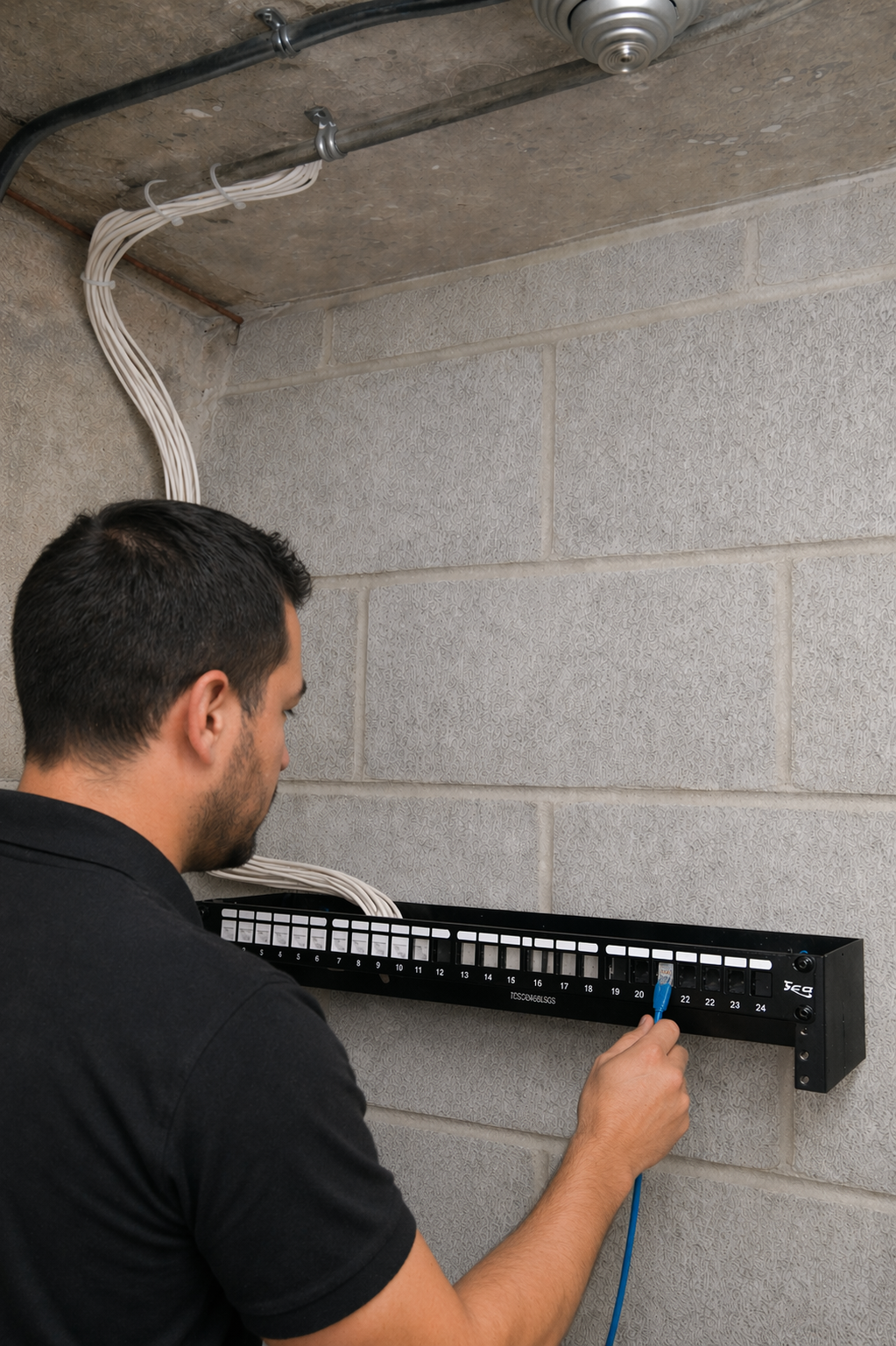 Access control Ottawa — technician plugging Ethernet cable into network patch panel in commercial utility room