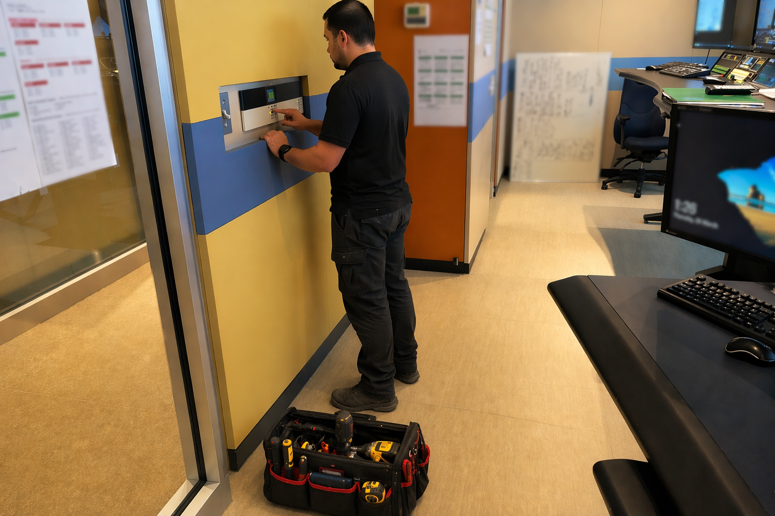 Access control security services Ottawa — technician programming wall-mounted keypad in commercial office hallway