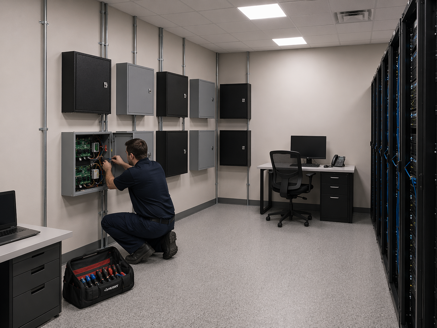 Commercial security services Ottawa — Family Security technician working inside technical cabinet during system installation