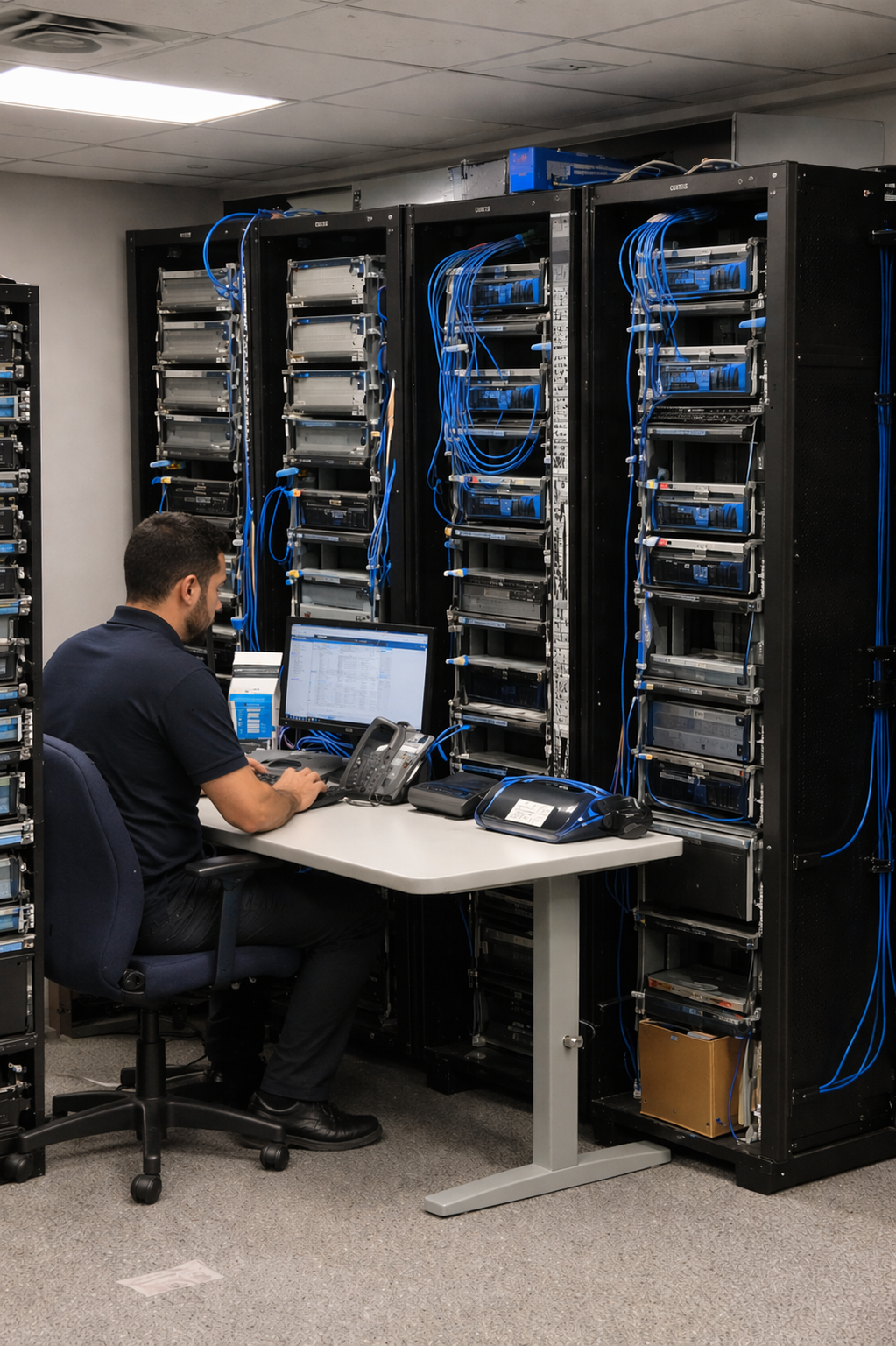 Security maintenance services Ottawa — technician managing network racks and security infrastructure in commercial server room