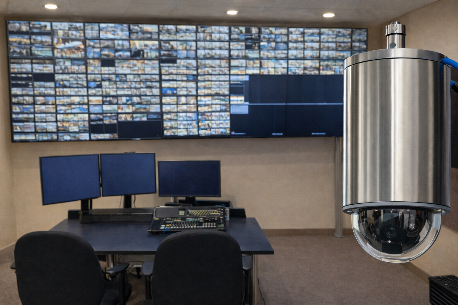 Security system integration Ottawa — CCTV surveillance camera linked to access control monitoring in commercial facility