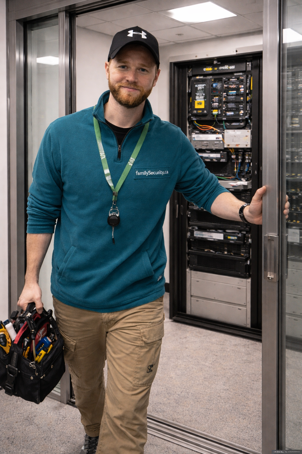 Security systems Eastern Ontario — Family Security certified technician in equipment room serving Eastern Ontario region