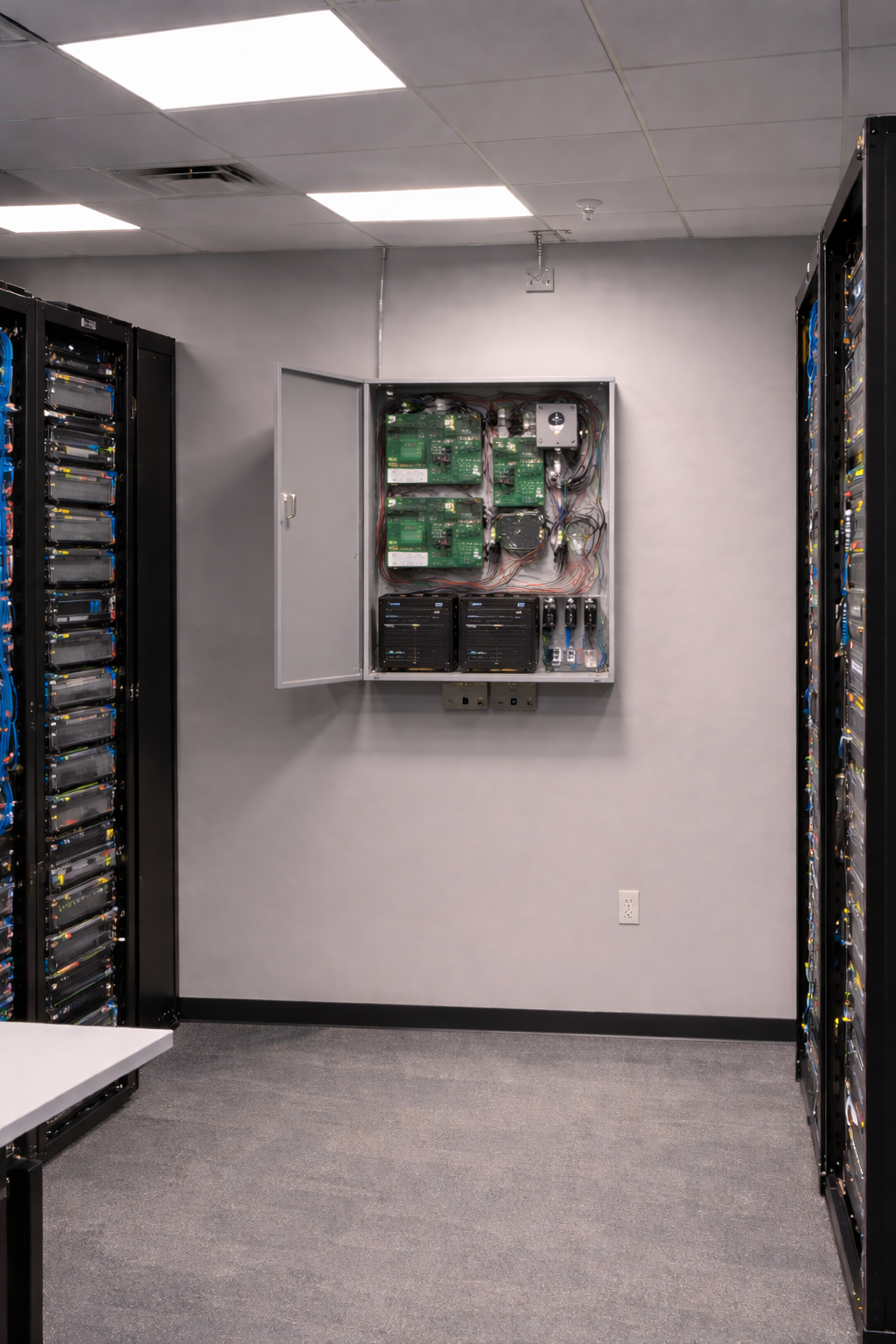 Open Lenel access control panel with circuit boards, wiring, and power supply in a server room