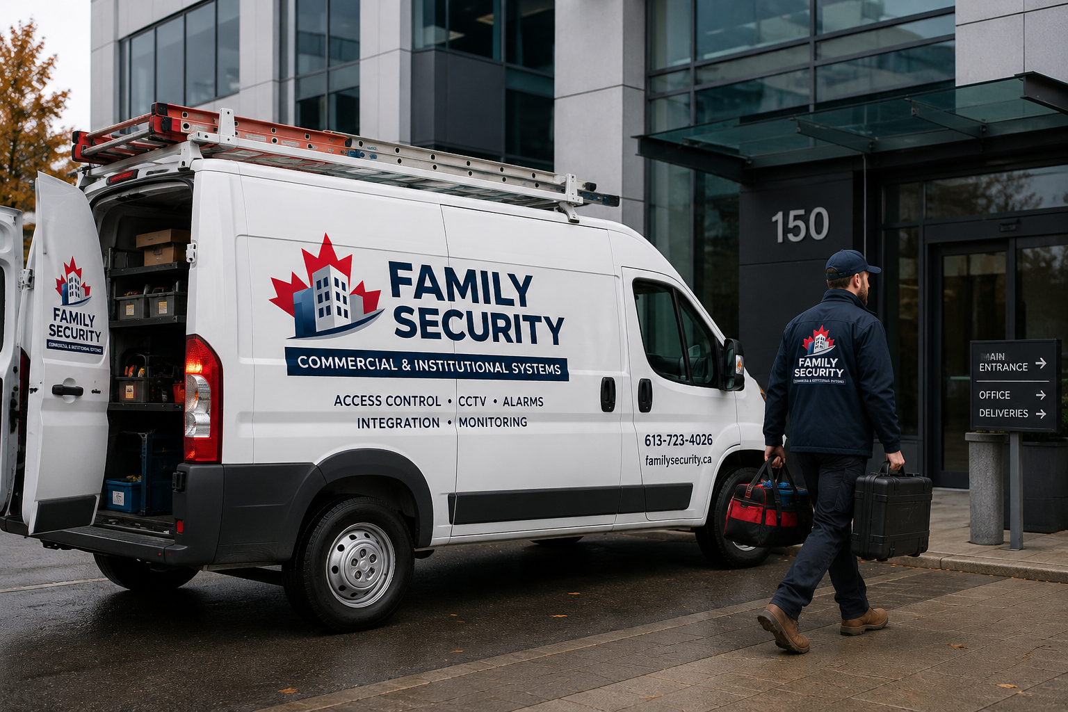 Security services Ottawa — Family Security certified technician reviewing access control installation at Ottawa commercial facility
