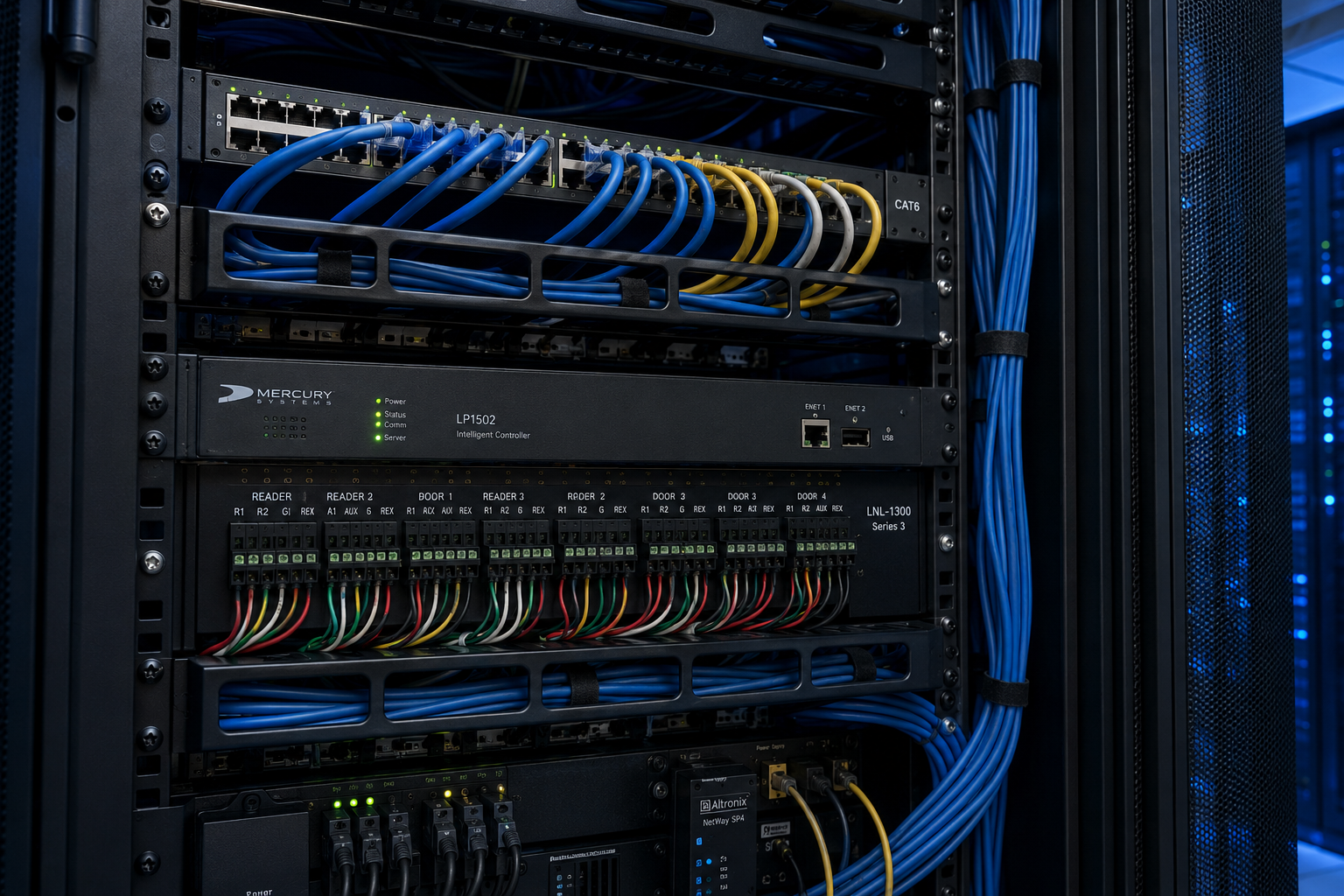 Kantech access control Ottawa server room installation — structured cabling and network equipment