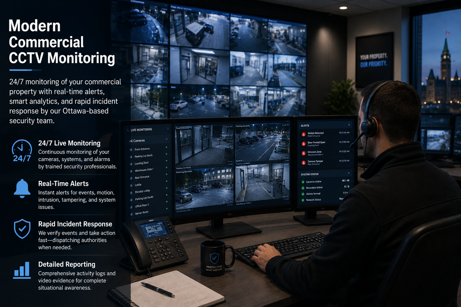Security operations centre monitoring Kantech access control audit events at an Ottawa facility