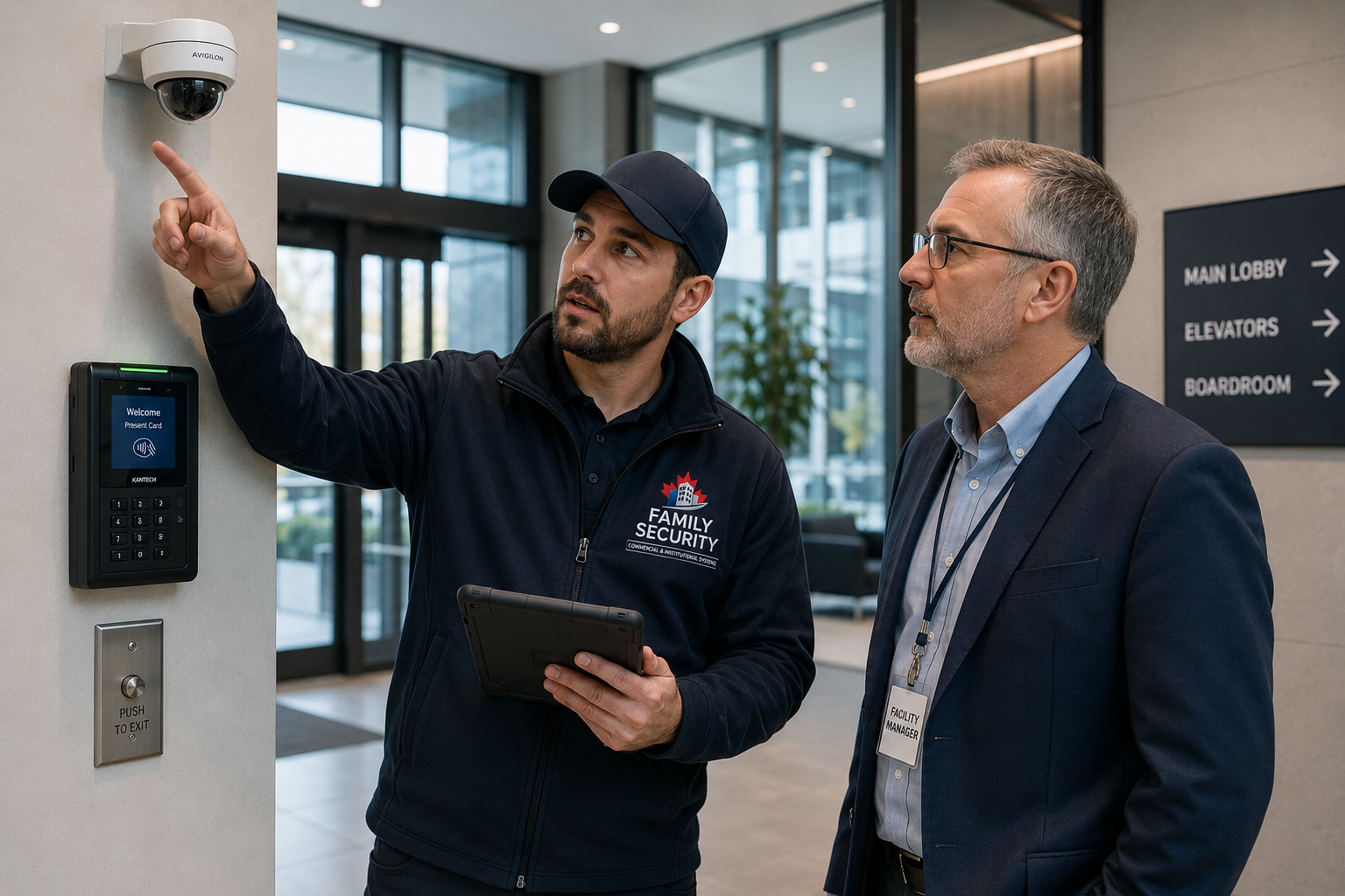 Security quote Ottawa — Family Security certified technician in uniform providing professional security system assessment for commercial and government clients in Ottawa