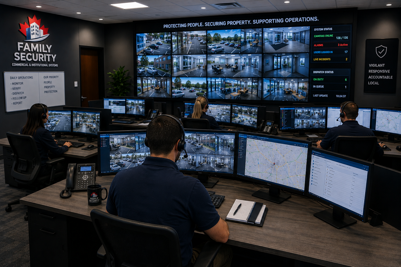 Security system integration Ottawa —commercial operations centre monitoring alarm events with integrated video verification
