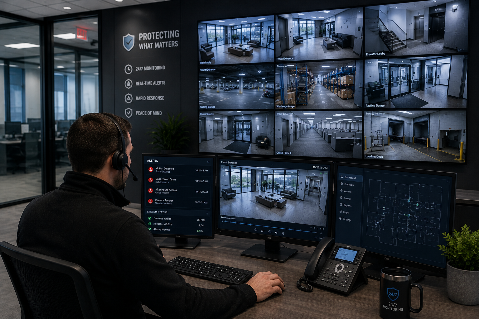 Government security systems Ottawa — indoor CCTV monitoring view of federal facility operations