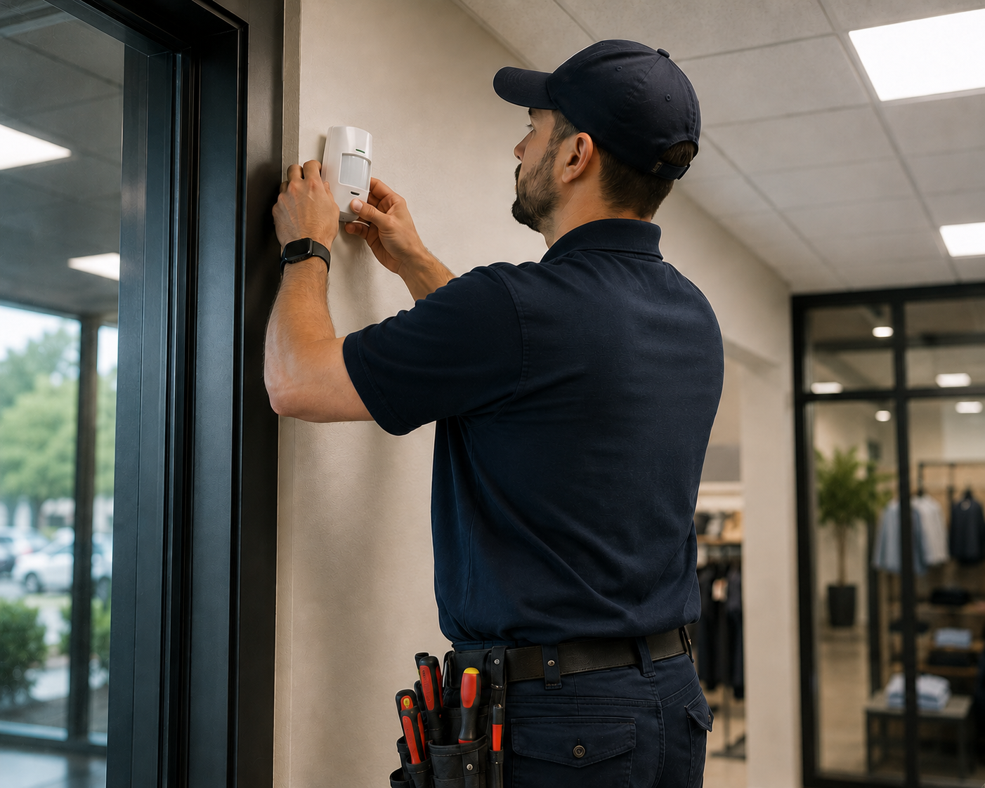 Security services Ottawa — certified technician reviewing access control hardware during site assessment at Ottawa commercial facility