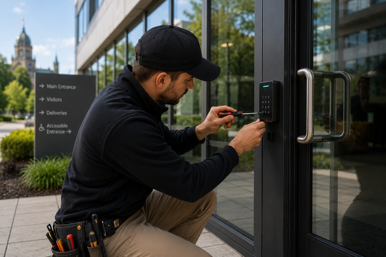 Technician verifying keypad authentication tier on a commercial access control reader