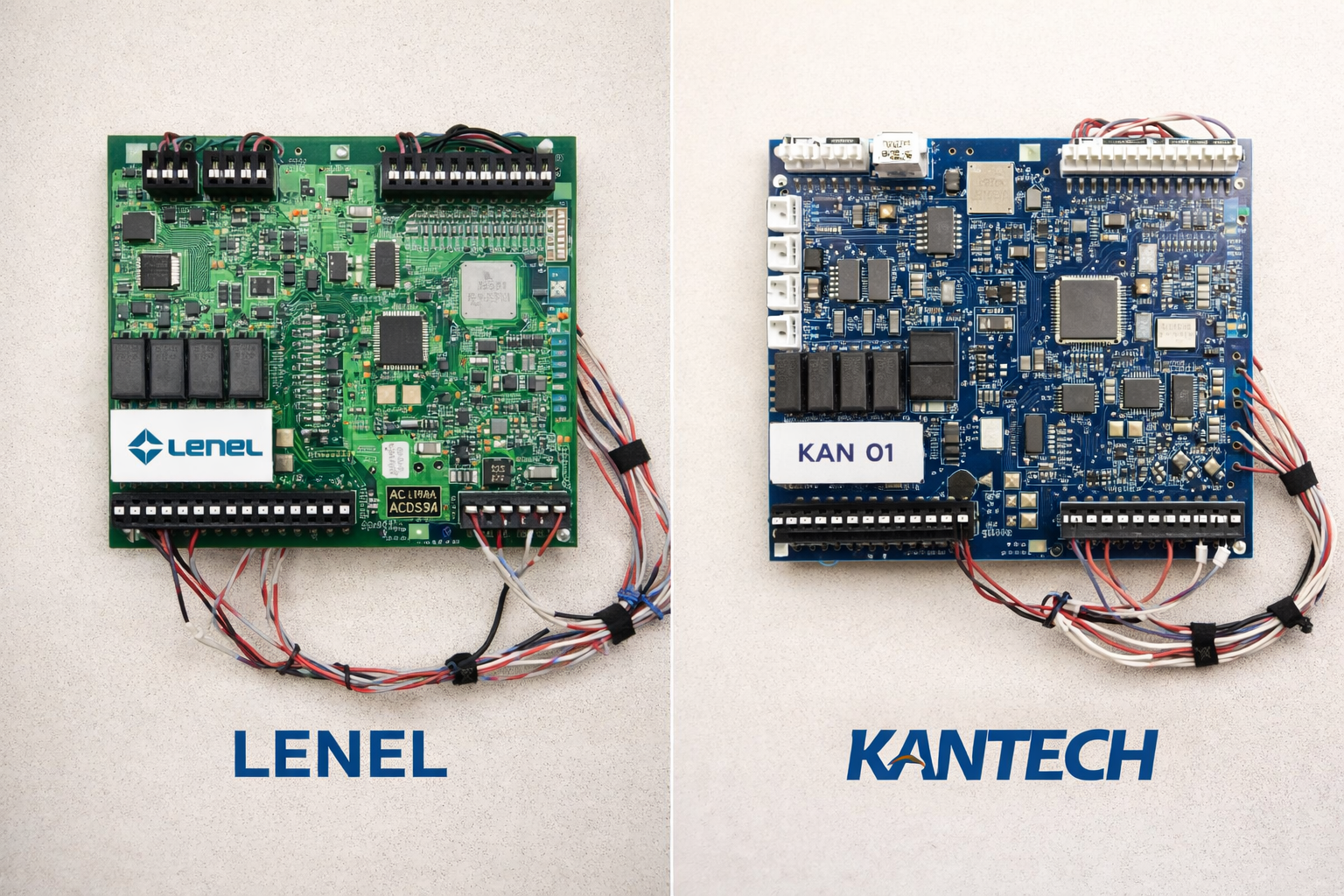 Lenel OnGuard (green) and Kantech EntraPass (blue) access control boards compared side by side
