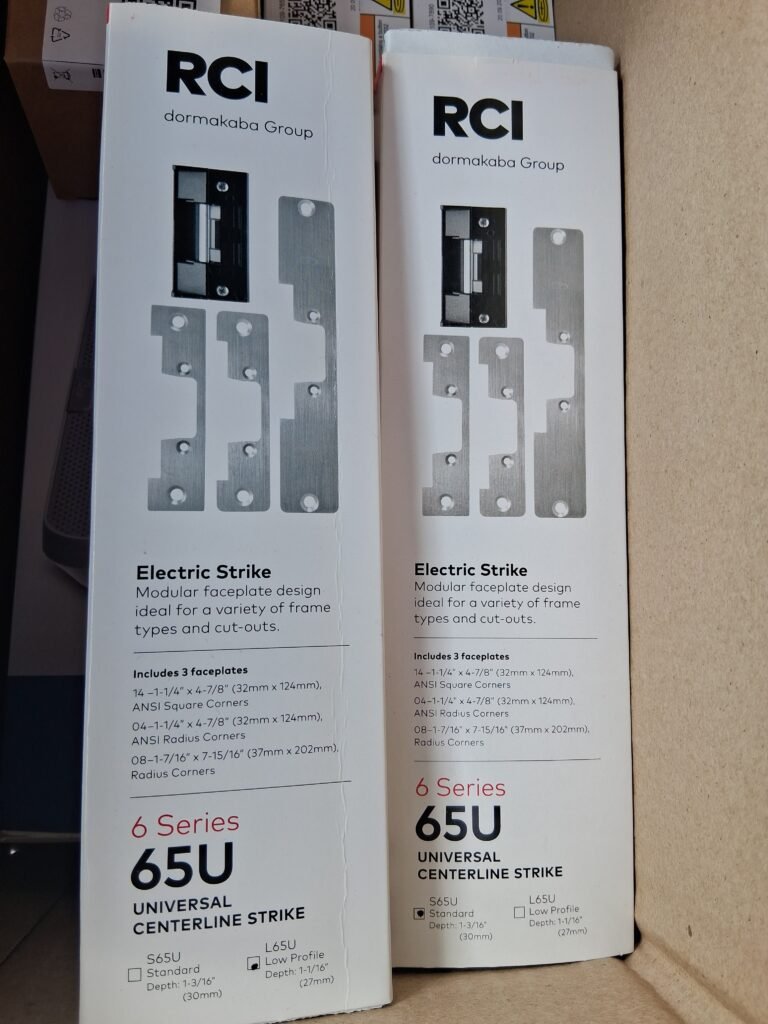 RCI dormakaba electric door strikes staged for a commercial access control installation in Ottawa